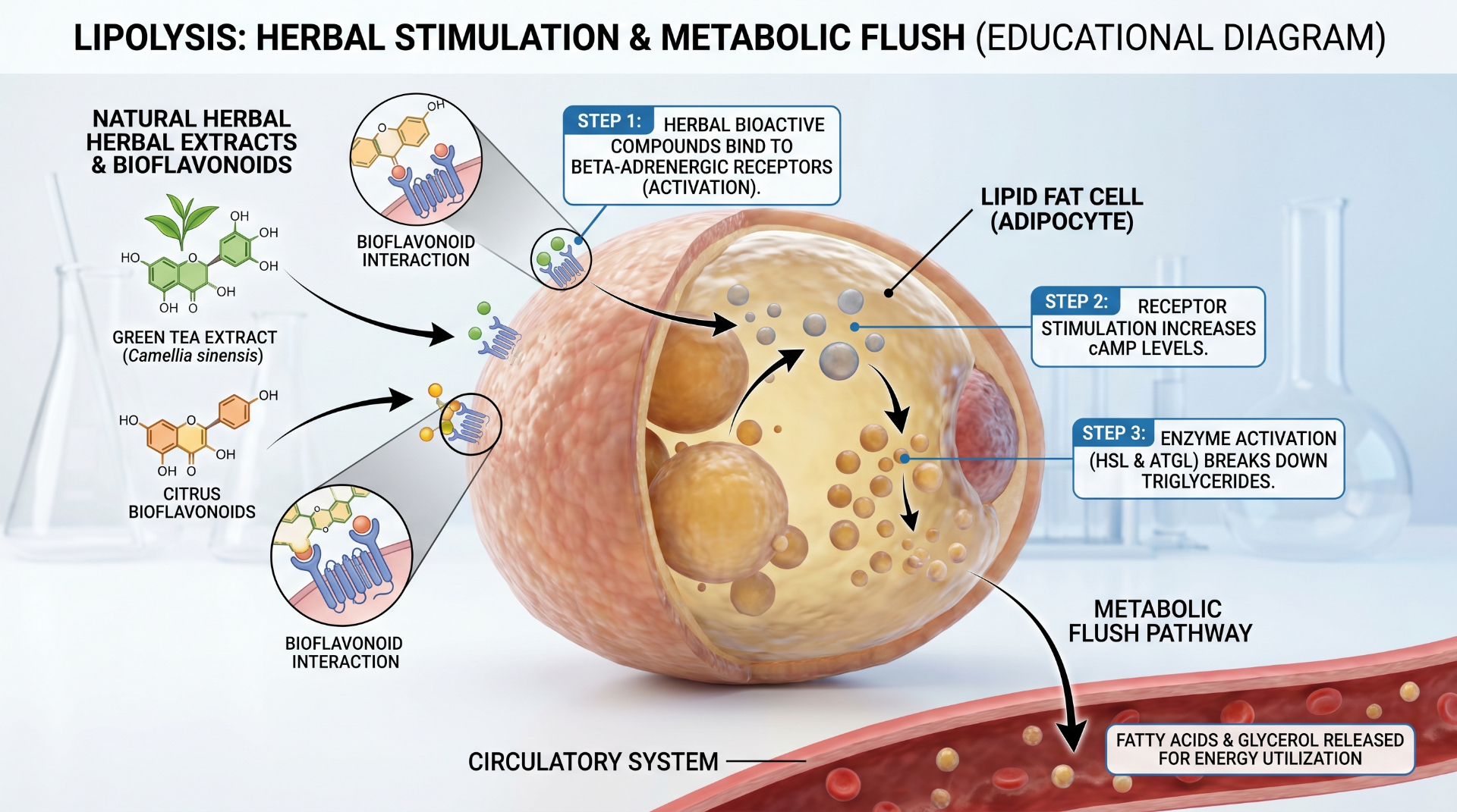 Educational diagram of lipolysis: herbal stimulation, beta-adrenergic activation, and metabolic flush pathway
